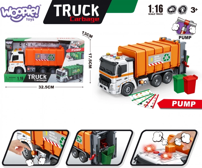 Camion interattivo della spazzatura Woopie con effetti sonori e luminosi in scala 1:16