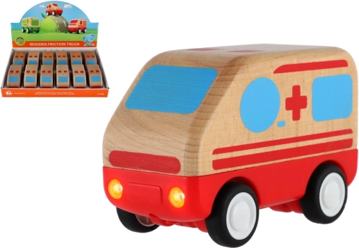 Træ-ambulance med friktionsmotor 11 cm til børn 18m+