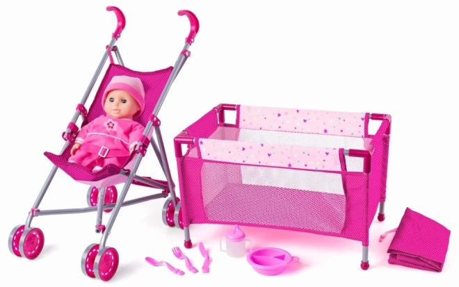 Baby Doll with Stroller and Crib - 4in1 Toy Set