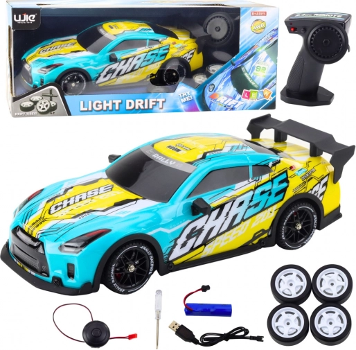 Auto sportivo RC con carrozzeria illuminata e ruote da drift – turchese