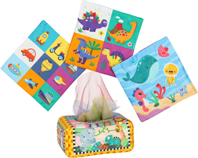 Boîte sensorielle Montessori avec mouchoirs colorés et animaux