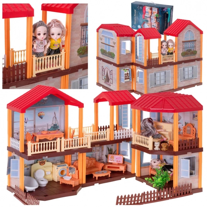 Doll House Villa with Red Roof, Lighting & Furniture Set