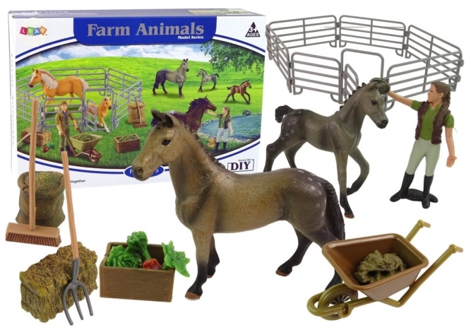 Farm Animal Set with Brown Horses