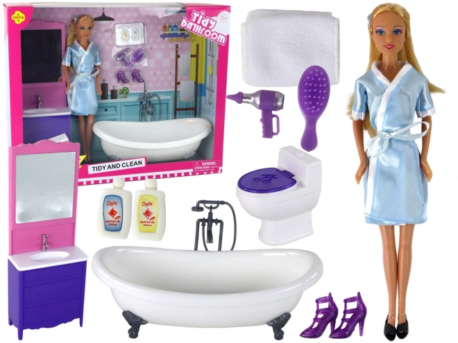 doll with bathrobe and bathroom accessories