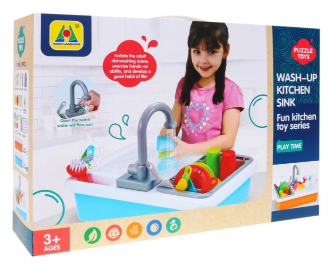 Children's Toy Sink with Faucet and Dishware Set