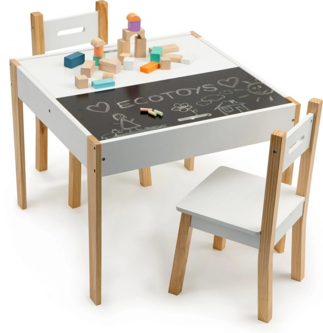 Ecotoys Wooden Children's Table with Board and Two Chairs