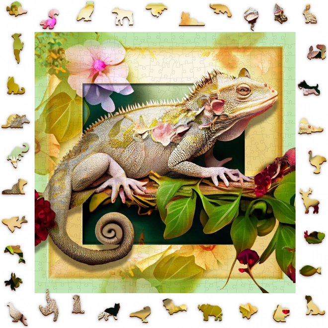 Wooden Puzzle Chameleon and Flowers