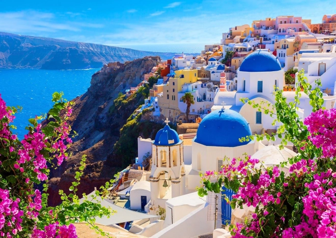 Puzzle Santorini with Flowers, Greece 1000 Pieces