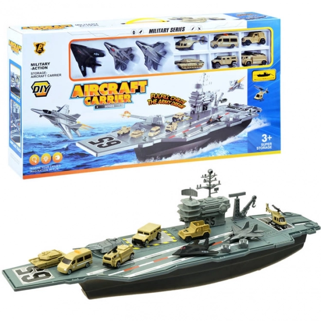 Large Military Aircraft Carrier with Planes and Vehicles