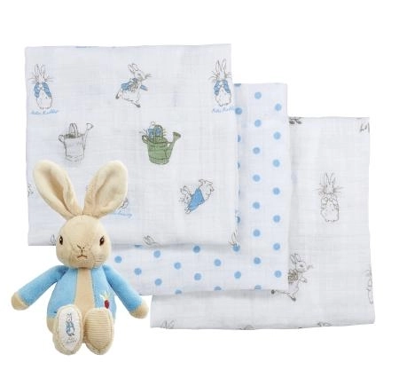 Gift Set with Muslin Diapers and Plush Bunny Peter