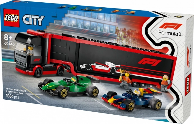 lego city f1 racing truck with rb20 and amr24 cars