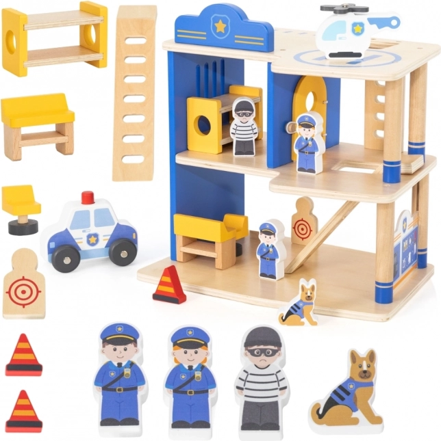 Wooden Police Station VIGA with Radio Car, 3 Levels, 14 Elements