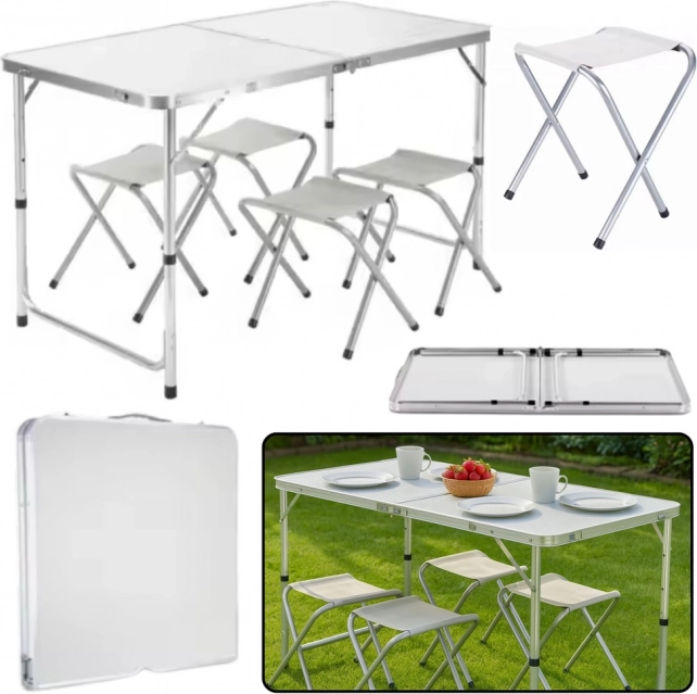 Set da campeggio pieghevole con tavolo e 4 sedie grigie