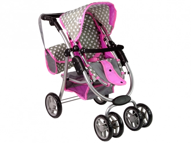 2-in-1 Doll Stroller with Bag - Pink Stars