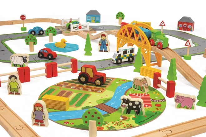 Bigjigs Rail Wooden Train Set with Country Road 80 Pieces