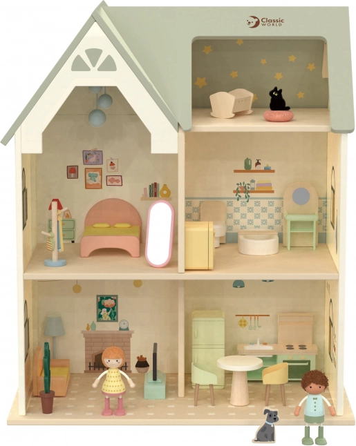 Large wooden dollhouse with furniture