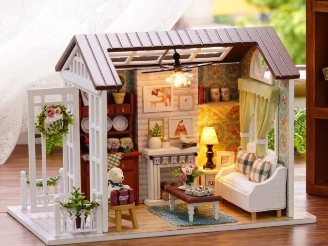 Wooden Dollhouse Living Room with LED Lights