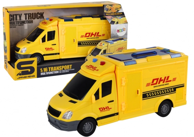 Yellow Friction-Powered Delivery Vehicle with Lights and Sounds