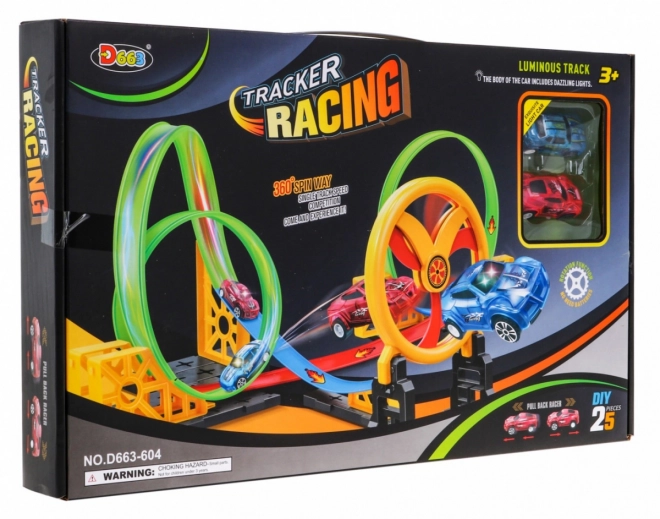 Children's Racing Track with LED Cars and Movable Hoop