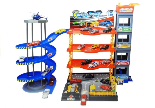 Large Multilevel Parking Garage with Cars and Helicopter