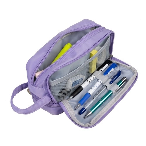 Large Purple School Pencil Case - Foldable with Three Compartments