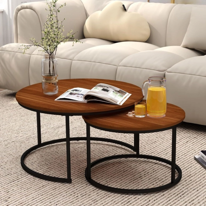 Set di tavolini rotondi da caffè 2 in 1 in legno naturale