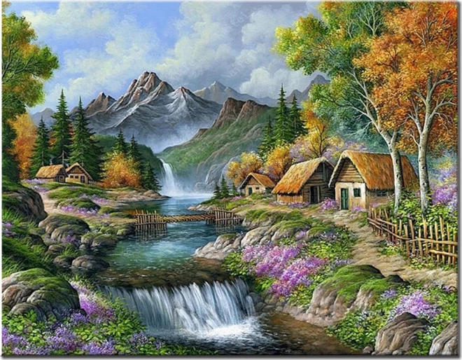 Norimpex Pittura di diamanti Chalet sul fiume di montagna 30x40cm