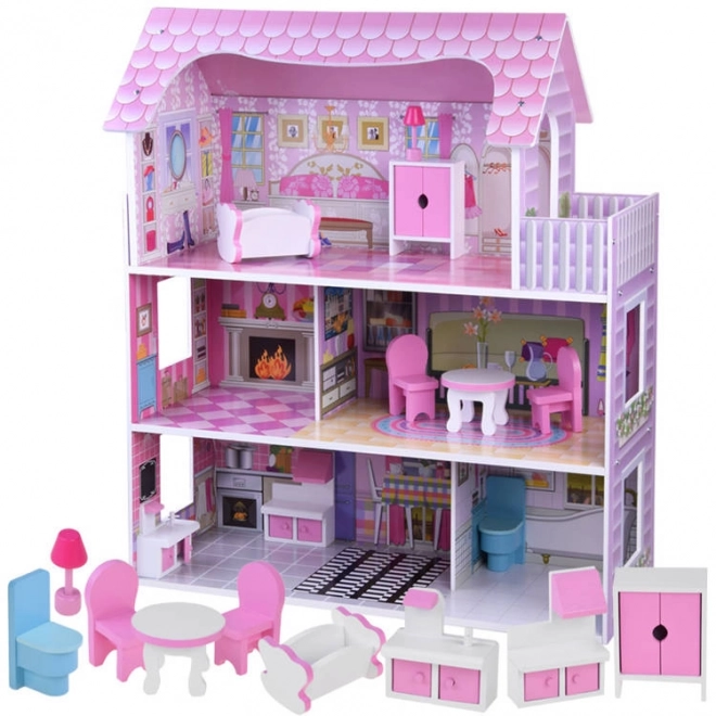 Wooden Dollhouse with Furniture and LED Lights