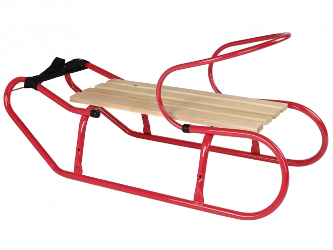 Metal sled with backrest and red strap