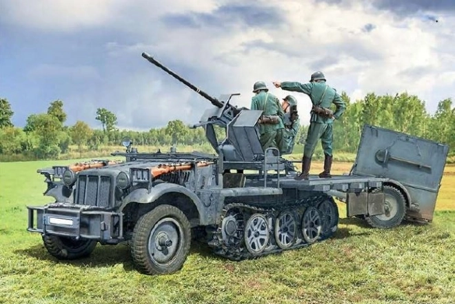 Military Vehicle Model Sd.Kfz 10/4 with Flak 30 and Crew 1/35