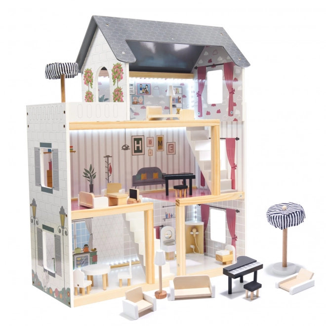 Wooden Dollhouse with LED Lighting