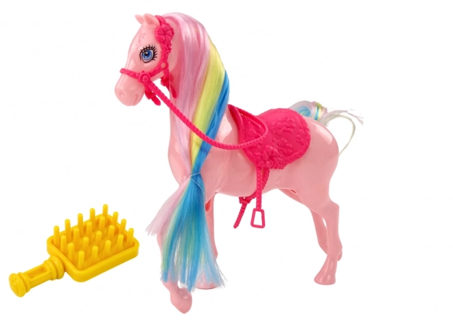 Colorful Mane Horse Toy with Pink Saddle and Brush