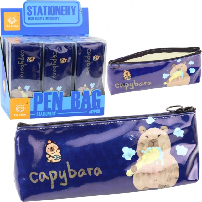 Garnet pencil case with a capybara brushing teeth