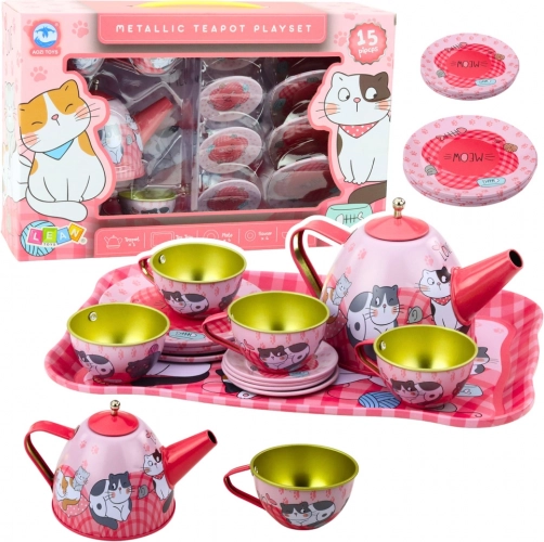 Metalen theeservies voor kinderen met kattenmotief, roze, 15 stuks