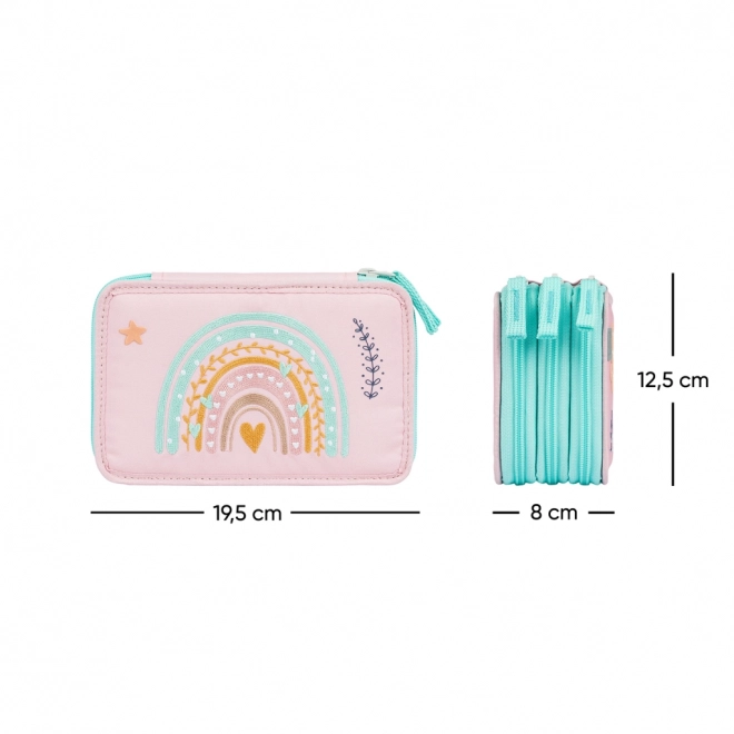 Pink Rainbow Three-Compartment School Pencil Case