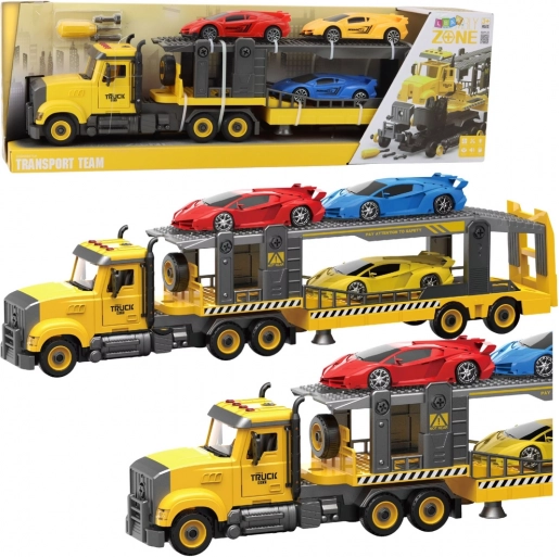Foldable tow truck with lights, sounds, and sports cars