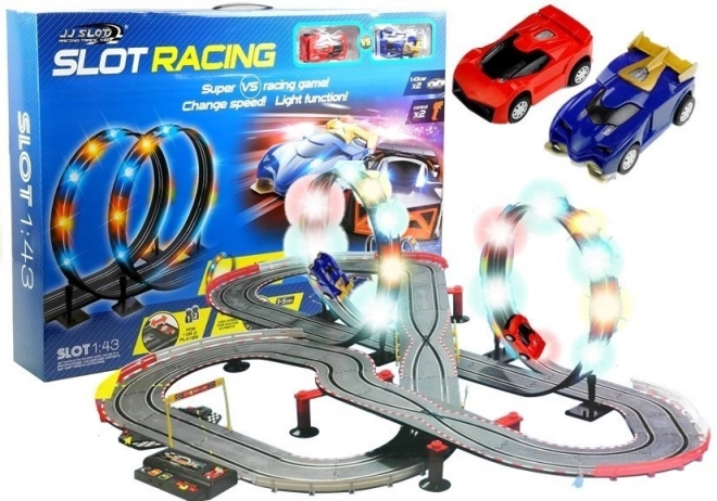 racetrack with 2 slot cars and loop