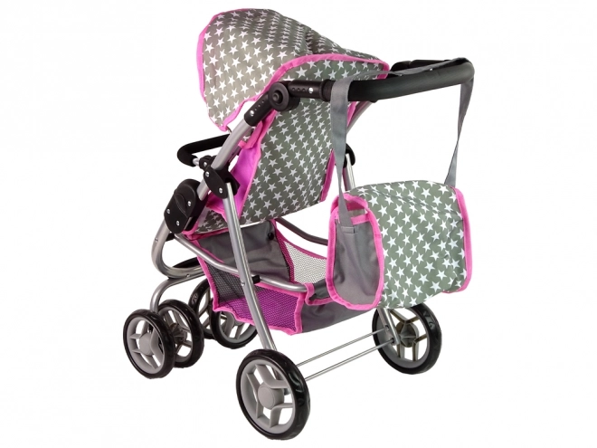 2-in-1 Doll Stroller with Bag - Pink Stars