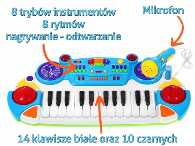 Blue Musical Set Keyboard with Drums and Microphone for Kids 3+