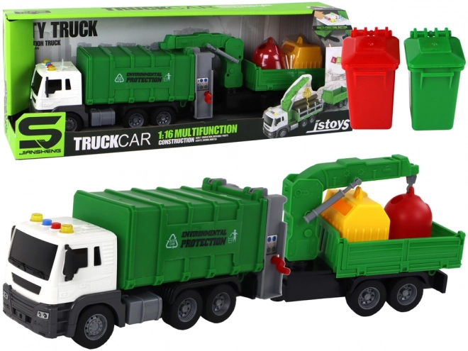 Green Friction-Powered Garbage Truck with Crane 1:16 Scale