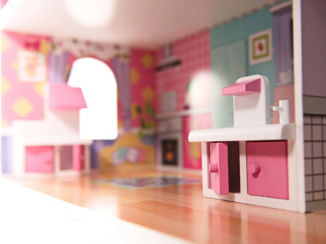 wooden dollhouse with pink LED lights