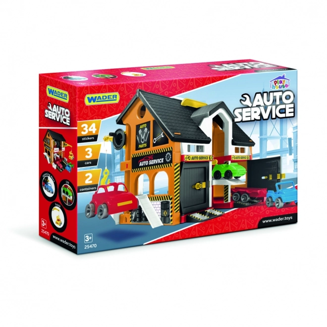 Two-Story Car Service Station Set with 3 Cars by Wader