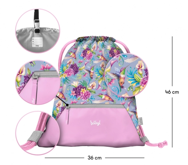 Baagl Hummingbird Drawstring Bag with Pocket