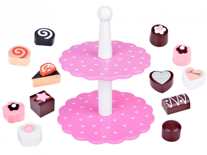 charming wooden pastry stand with cookies toy set