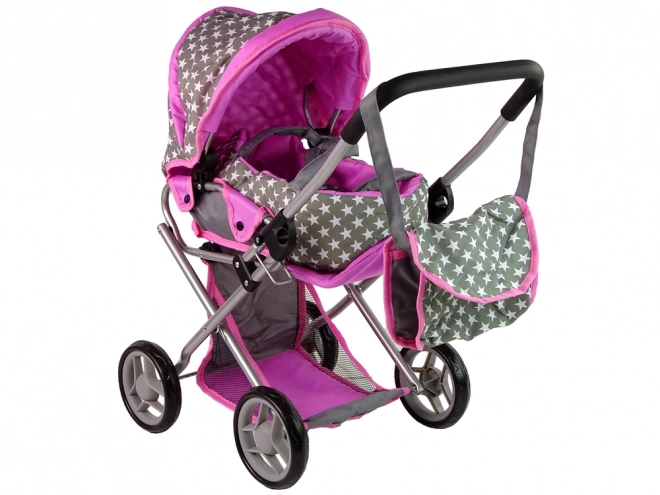 Doll Stroller with Bag Gray Pink Stars