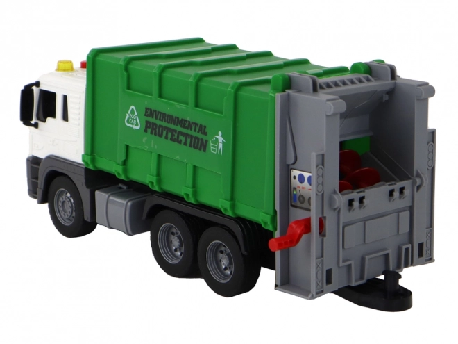 Green Friction-Powered Garbage Truck with Crane 1:16 Scale