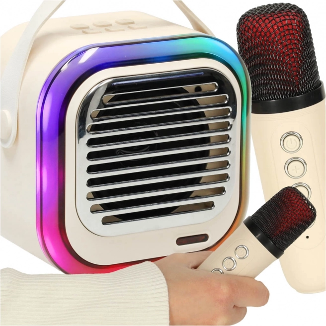 Karaokesæt med Bluetooth-højttaler 10 W, 2 trådløse mikrofoner og RGB LED – creme