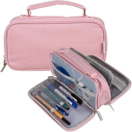 Large Pink School Pencil Case - Foldable Double Compartment