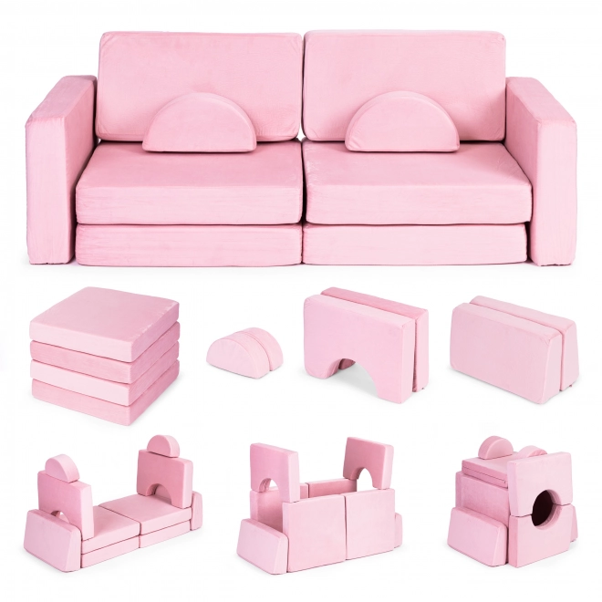 Large Modular Foldable Children's Sofa with 10 Pillows - Pink