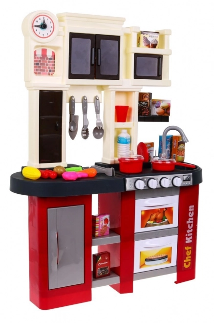 Interactive Red Children's Kitchen With Sound And Light Burners + Water Faucet + 58 Accessories